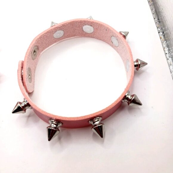 Gothic Pink Spiked Faux Leather Bracelets Set of 2 -New - Picture 4 of 11